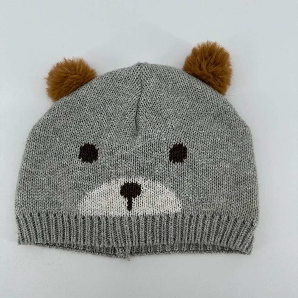 OshKosh B'gosh Baby Bear Beanie Hat Grey Brown Pom Pom Ears NWOT 12-24 Months